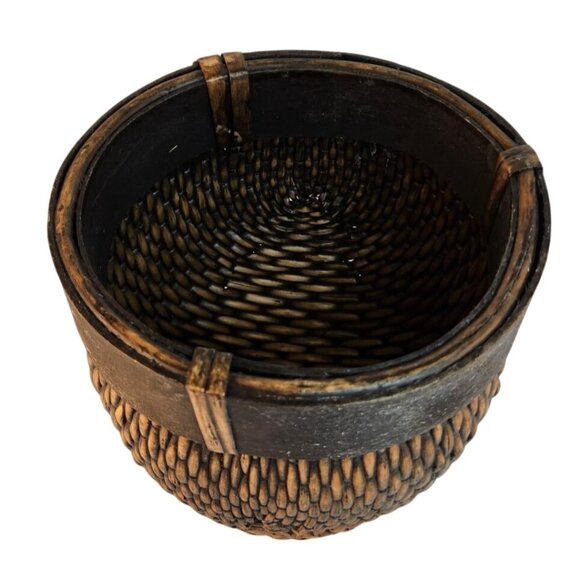 Vintage Hand-Woven Wicker & Wood Small Round Basket Decor Storage Organizer - Picture 8 of 10